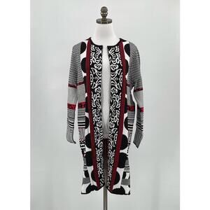 Chico's Black Red Abstract Natasha Long Open Cardigan Sweater Sz 2 US 12 NEW